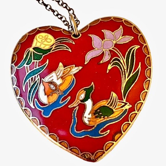 Vintage Cloisonne Large Heart Puffy Double Sided Enamel Pendant Necklace Red Blu - Picture 15 of 16